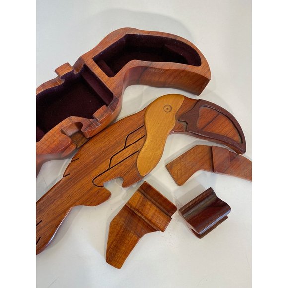 Hand Crafted Intarsia Wood Art Parrot Puzzle Wooden Box /2 Secret Compartments - Picture 4 of 8